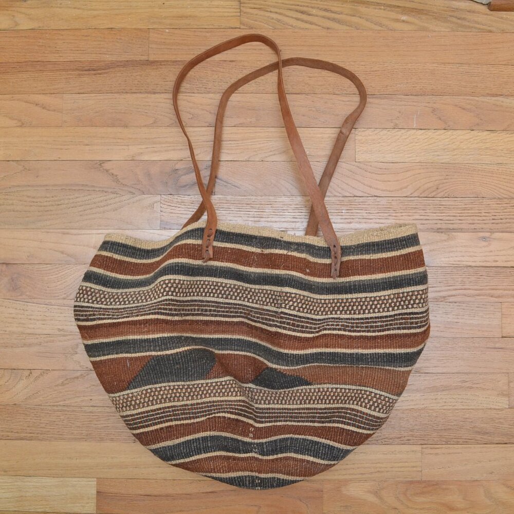 Vintage Sisal Market Leather Tote Woven Bag Ethnic Boho African Large 19x14